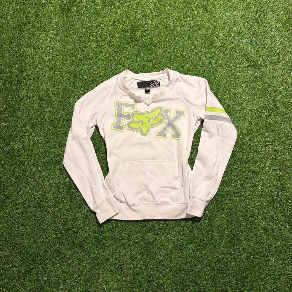 Fox Racing Crewneck Sweatshirt White Green Logo Pullover Size S